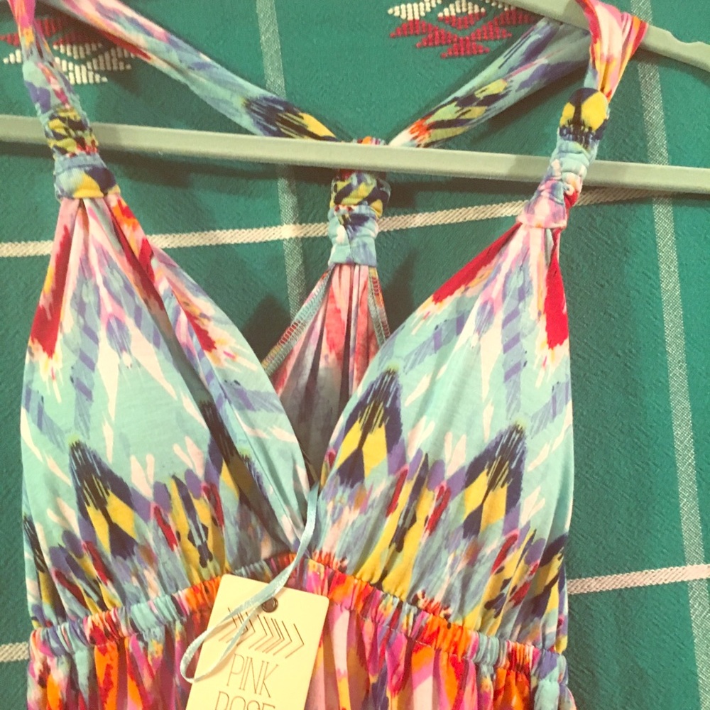 NWT XL Pink Rose maxi Tank Dress in Aqua Blue ikat